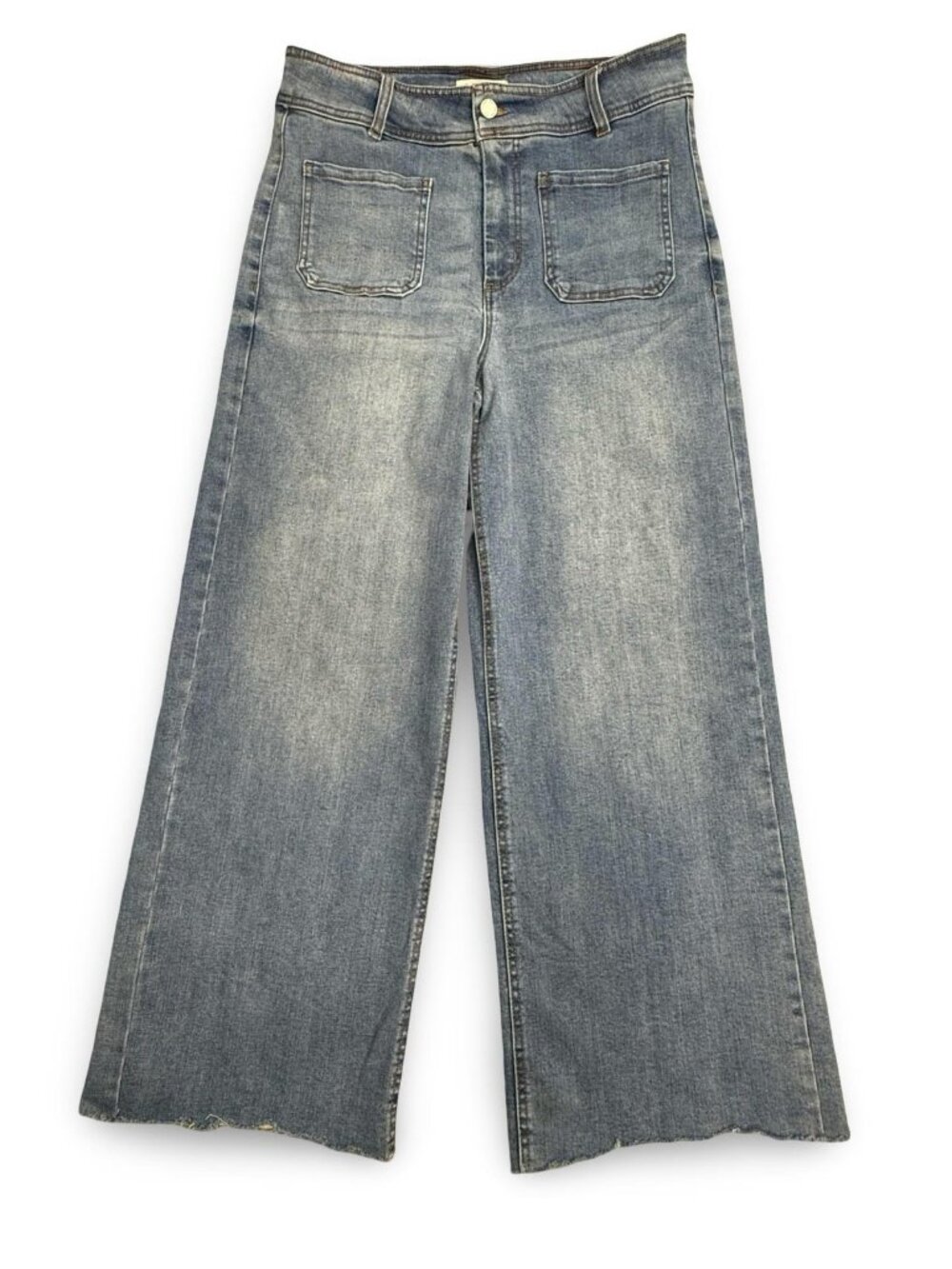 OAT New York Wide Leg High Rise Jeans‎ Womens 10 Blue Boho Raw Hem Stretch Denim